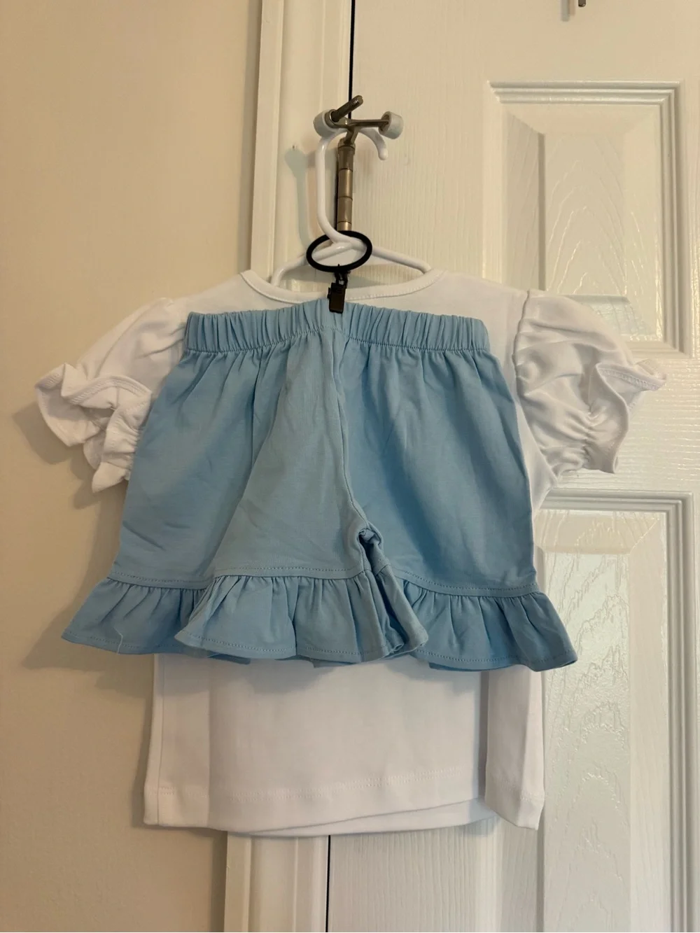 Stitchy Fish Girls White Princess Tee & Light Blue Ruffle Shorts Set